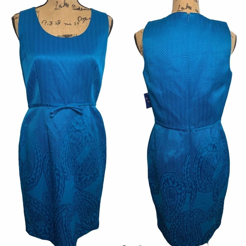 Taylor Indigo Blue Scoop Neck Paisley Sheath Dress